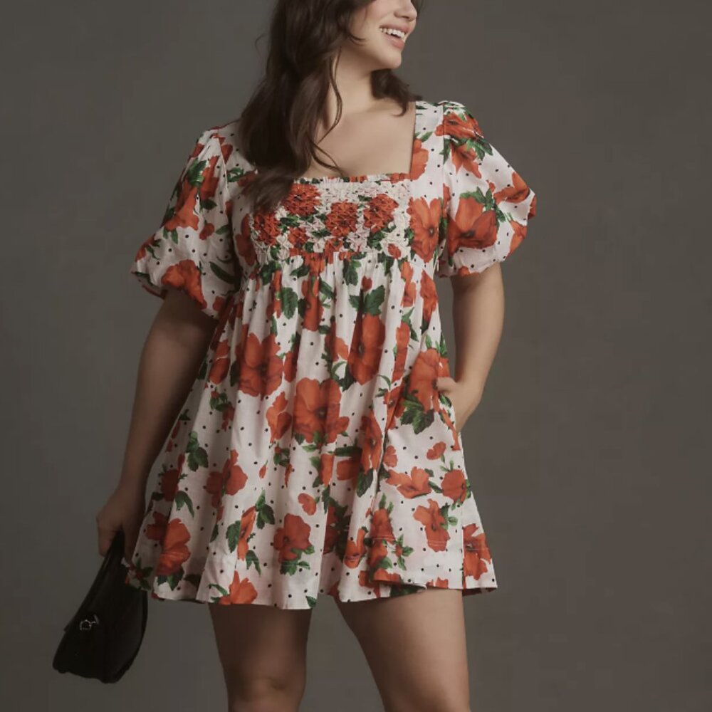 Anthropologie Maeve Square-Neck Smocked Babydoll Mini Dress Floral Cotton Small - Picture 2 of 14